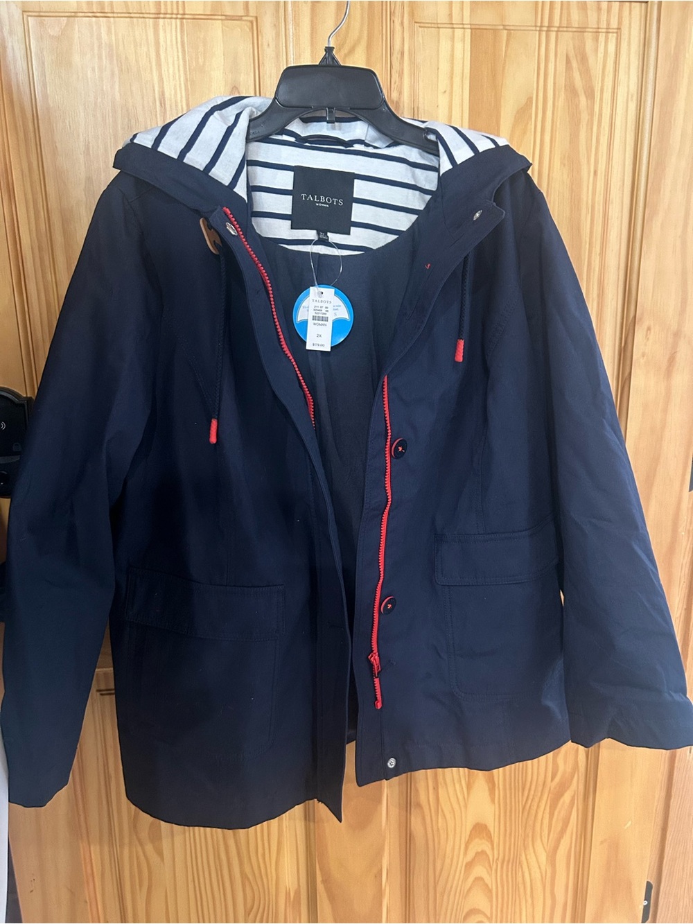 Talbots Navy Jacket with Red Trim and Striped Hood Lining
